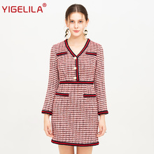 YIGELILA Fashion Women Autumn Tweeds Dress Elegant V-neck Full Sleeve Empire Slim Zippers Knee Length Sheath Plaid Dress 64153 2024 - buy cheap