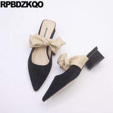 Bonito arco outono chinês coreano designer slides mulheres 2021 preto chunky mulas camurça sandálias dedo do pé apontado sapatos de senhoras chinelos 2024 - compre barato