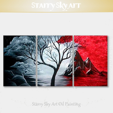 Pintura al óleo abstracta de color negro y rojo pintada a mano sobre lienzo, conjunto de 3 piezas, pintura al óleo de árbol y nube para arte de pared 2024 - compra barato