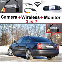 3 in1 especial de la cámara de visión trasera + receptor inalámbrico + espejo Monitor DIY fácil a sistema de aparcamiento para Skoda excelente 2002 ~ 2008 2024 - compra barato