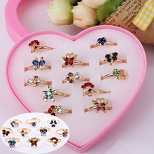 Wholesale 12pcs Mixed Assorted Flower Gold Silver Crystal Adjustable Rings Baby Kids Girls Party Gift Jewelry With Display Box 2024 - buy cheap