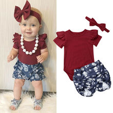 0-24M Infant Baby Girls Clothes Sets Ruffles Short Sleeve Tops Romper Floral Shorts Headband 3pcs Outfits Set Clothes 2024 - buy cheap