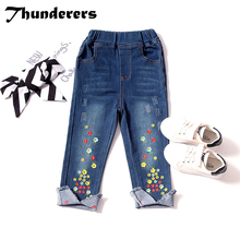 Thunderers/Детские джинсы с вышивкой для девочек, модные детские джинсы на весну-осень, джинсовые штаны с цветочным принтом для малышей, одежда для детей 18 мес.-5 лет 2024 - купить недорого