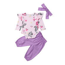Sweet Baby Girl Flower Clothes Set Autumn Flower Ruffle Pink Cotton Romper Tops+Solid Purple Pants+Headband Kids Clothes Set0-2T 2024 - buy cheap
