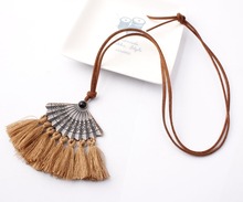 Vintage Bohemian Ethnic Statement Fan Shape Tassel Pendant Necklace for Women Sweater Chain Choker Jewelry Accessories Gifts 2024 - buy cheap