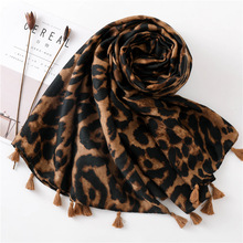 Bufanda larga de algodón suave para mujer, chal de pashmina con estampado de leopardo y café, con borla, para Otoño e Invierno 2024 - compra barato