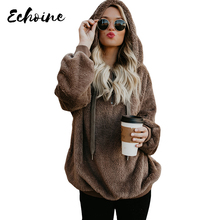 Echoine Brown/Black Warm Furry Pullover Hoodie Sweatshirts Women Winter Autumn Long Sleeve Front Zipper Furry Sweatshirts Tops 2024 - buy cheap
