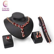 Fashion Jewelry Sets Red Zircon Crystal Pendant Necklace Bracelet Earrings Wedding Rings  Gold color Wedding Accessories Set 2024 - buy cheap