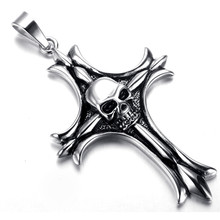 Mens Gothic Biker Skull Motorcycle Stainless Steel Pendant Necklace, Cross KR5636 2024 - buy cheap