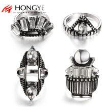 1 Conjunto de 4 pcs das Mulheres de Cristal Strass Antigo Banhado A Prata geométrica Knuckle Midi Mid Dedo Dica Empilhamento Anéis Para as mulheres homens 2024 - compre barato