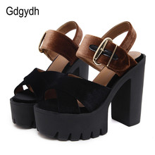Gdgydh Summer Flock Women Sandals Platform Square Heels Female Shoes Fashion Buckle High Heeled Shoes Women Comfortable 2021 New 2024 - buy cheap