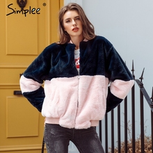 Simplee Fashion contrast color pink fur coat Women long sleeve warm jacket faux fur thick coat 2018 Winter zipper bomber coat 2024 - buy cheap