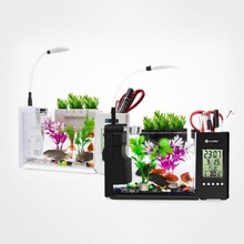 Мини-пластиковый аквариум для рыб светодиодное освещение USB Betta аквариум с ручкой держатель ЖК-дисплей экран и часы Acquario 2024 - купить недорого