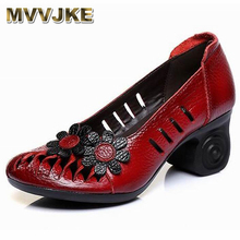 Mvvjke verão outono 2018 estilo étnico sapatos artesanais de couro genuíno mulheres bombas dedo do pé redondo oco flor salto alto e144 2024 - compre barato