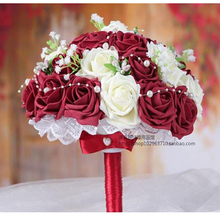 bridal bouquet Burgundy & White Handmade Decorative Artificial Rose Flowers Bride Bridal Crystal Lace Accents Wedding Bouquets 2024 - buy cheap