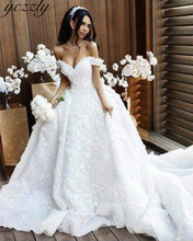 Vestido de noiva vestido de noiva vestido de noiva de cristal de pérola de dubai vestido de noiva de luxo fora do ombro apliques de renda árabe 2024 - compre barato