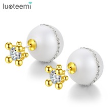 LUOTEEMI-Pendientes de tuerca de perlas de imitación para mujer, aretes de moda para fiesta de boda, joyería de lujo de doble Color, regalo de Navidad 2024 - compra barato