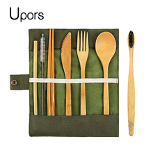 UPORS 8Pcs Reusable Travel Bamboo Cutlery Set with Case Portable Utensil Set Tableware Bamboo Fork Spoon Knife Set for Kids 2024 - buy cheap