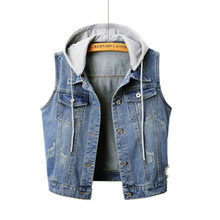 Fashion denim vest sleeveless vest slim Plus size 4XL denim vest tops casual hooded Short denim vest jacket Summer AS930 2024 - buy cheap