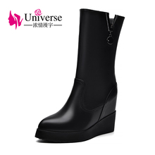 Wedge Heel Genuine Leather Mid-calf Boots Platform Universe Women Warm Plush Black Heels Ladies Winter Boots Women Shoes C340 2024 - buy cheap