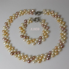 Tienda de joyería de perlas únicas, Color Natural 3 filas blanco rosa púrpura collar de perlas de agua dulce genuinas conjunto de joyas de pulseras 2024 - compra barato