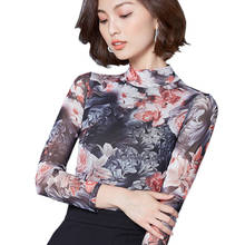Plus Size M-XXXL Vintage Floral Print T Shirt Femme Slim Turtleneck Mesh T-Shirt Women Basic Tees Casual Tops 2017 Autumn 2024 - buy cheap