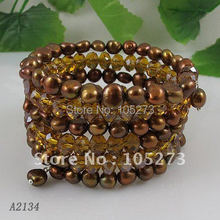 Wholesale AA 5-6mm brown color Genuine fresh water pearl and crystal beads bracelet 5rows bracelet free shipping A2134 2024 - buy cheap