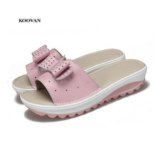 Koovan Women's Bow Slippers 2018 New Summer Sandals Wedges Platform Muffins Thick Bottom Flat Shoes Shake Real Leather Casual 2024 - buy cheap