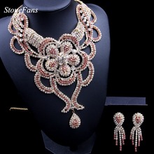 StoneFans Pink Gold Rhinestone Necklace Set Dubai Jewelllry Big Crystal Flower Necklace Earrings Bridal Jewelry Sets For Women 2024 - buy cheap