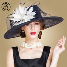 Sombrero grande de Sinamay azul real para mujer, tocado elegante para iglesia, boda, vestido de ala grande, sombreros de pescador, Derby, FS 2024 - compra barato