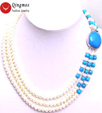 Qingmos Natural Pearl Neckalce for Women with Blue Turquoises & 6mm Flat Round 3 Strands Pearl Chokers Necklace Jewelry nec5200 2024 - buy cheap
