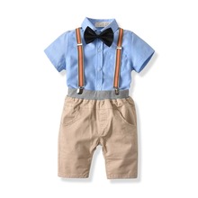 Для маленьких мальчиков летние костюмы для торжественных случаев на день рождения детская одежда из хлопка на возраст 1, 3, 5, 7 лет для мальчика, с коротким рукавом, рубашка и шорты на подтяжках, комплект 2024 - купить недорого