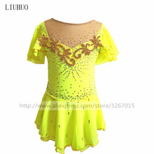 Figura Vestido de Patinação No Gelo Das Meninas das Mulheres skatingDress Amarelo manga curta Cor de strass decoração High-grade de malha elástica 2024 - compre barato