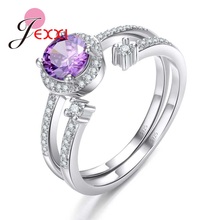 Hot Sale Women Girls Party Engagement Jewelry With Clear Round Purple Cubic Zircon 925 Sterling Silver Geometric Ring Set 2024 - buy cheap