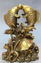 YM 319 8 "Lucky bronce de China 2 Fish Play Ball On loto cioso Leaf estatua 2024 - compra barato