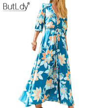 Floral Print Long Summer Beach Dress Women 2019 V Neck Split Buttons Shirt Dress Half Sleeve Casual Bohemian Dresses Sundress 2024 - buy cheap