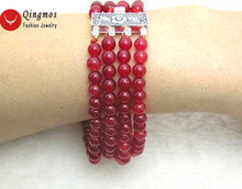 Qingmos pulseira jades naturais para mulheres, com 4 fios 6mm, vermelho, redondo, joias finas da moda, bra127, frete grátis 2024 - compre barato