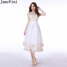 JaneVini Bruidsmeisjes Jurk White Bridesmaid Dresses 2019 Tea-Length Lace Appliques Women Wedding Party Dress Button Zipper Back 2024 - buy cheap