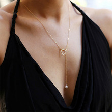 Collar de perlas de imitación para mujer, colgantes triángulo de plata y oro, gargantilla de cadena de eslabones, accesorios de joyería de moda 2024 - compra barato