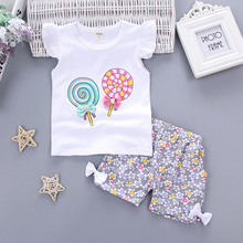 Conjunto infantil de verão para meninas, camiseta e calça de algodão, manga voadora, conjunto com 2 peças 2024 - compre barato