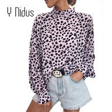 Women's Shirt Chiffon Leopard Blouse 2019 Spring Casual Cuffed Long Sleeve Turtleneck Back Button up Tops blusas feminina 2024 - buy cheap