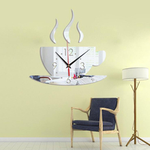 3D DIY стикер настенные часы, зеркальный эффект кофейная чашка в форме большой DIY настенные часы для гостиной спальни офиса, легко установить 2024 - купить недорого
