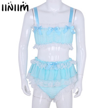 Mens Sissy Lingerie Set Ruffled Lace Sheer Chiffon Sleeveless Crop Top with Skirted Petticoated Nightwear Sexy Panties for Male 2024 - buy cheap