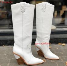 2019 New brand Snakeskin leather women knee high boots sexy pointed toe western cowboy boots women mid-calf chunky wedge boots 2024 - buy cheap