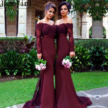 JaneVini Sexy Mermaid Burgundy Bridesmaid Dress Long Sleeve Satin Wedding Guest Dress Beaded Lace Ladies Prom Formal Gowns 2019 2024 - buy cheap