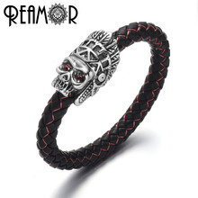 REAMOR Men Braided Leather Bracelet Stainless Steel Indian Chief Magnetic Clasp Red CZ Eye Skull Bracelets Bangles Punk Jewelry 2024 - buy cheap