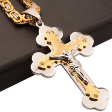 Men's CZ Rhinestone Cross Necklace Gold Color Stainless Steel Cross Pendant Necklace 6mm Byzantine Chain for Men 2024 - buy cheap