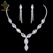 TREAZY Silver Color Leaf Tassel Wedding Jewelry Sets for Women Rhinestone Crystal Long Necklace Earrings Set Bridal Jewelry Sets 2024 - buy cheap