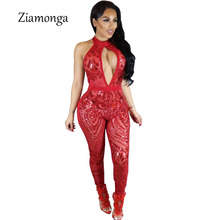 Ziamonga marca de moda 2021 oco para fora lantejoulas bodycon macacão sexy strapless club wear comprimento total sem costas macacão feminino 2024 - compre barato