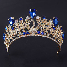 Sparkling Clear Austrian Crystal Luxurious Quinceanera Swan Olive Branch Design Blue Rhinestones Crown Wedding hair Accessories 2024 - buy cheap